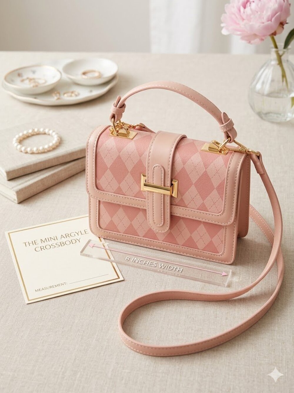 Chic Pink Argyle Mini Crossbody Bag – 8" Vegan Leather Satchel